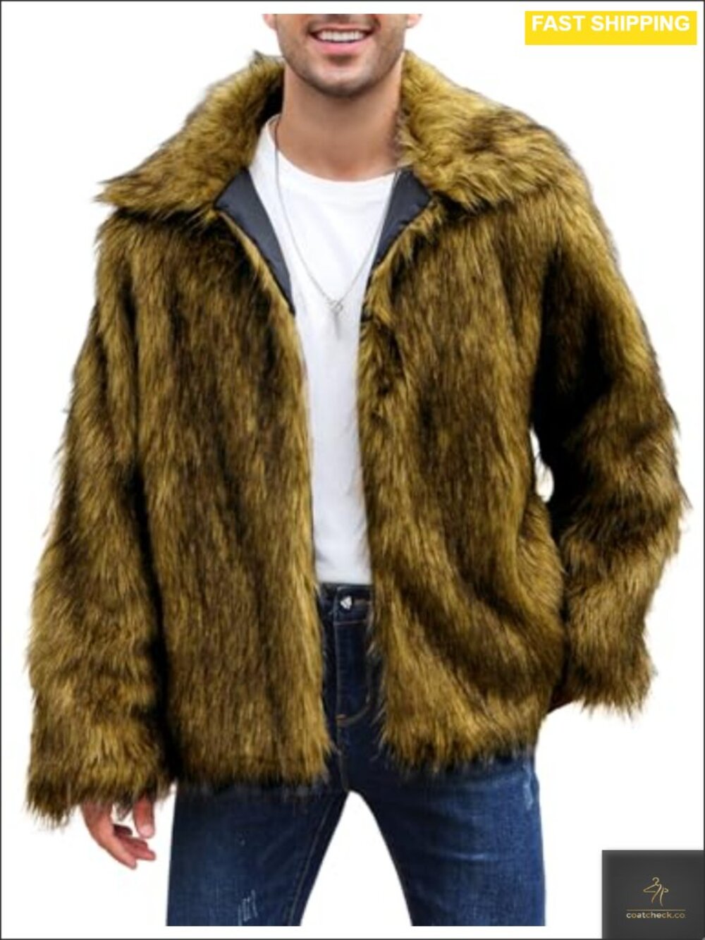 Mens Faux Fur Coat Winter Fluffy Warm Lapel Collar Furry Overcoat